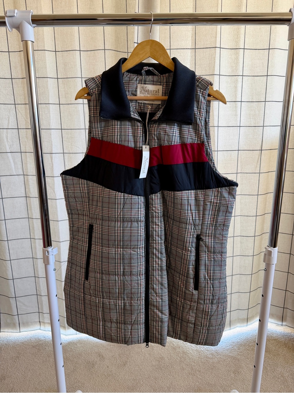 Natural Reflections Plaid Puffer Vest XXL Black Red Colorblock
